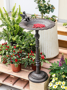 跨境北欧铸铁做旧复古落地天使喂鸟器摆件阳台花园客厅铁艺工艺装