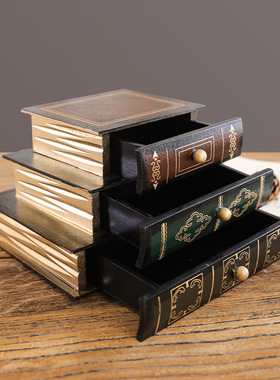 欧式轻奢家居摆件首饰品抽屉式收纳盒复古木质书盒假书木质首饰盒