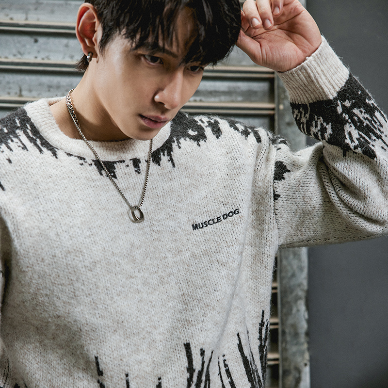 肌肉狗美式潮流毛衣男冬季新款提花纹理圆领套头休闲宽松针织上衣 - 图0