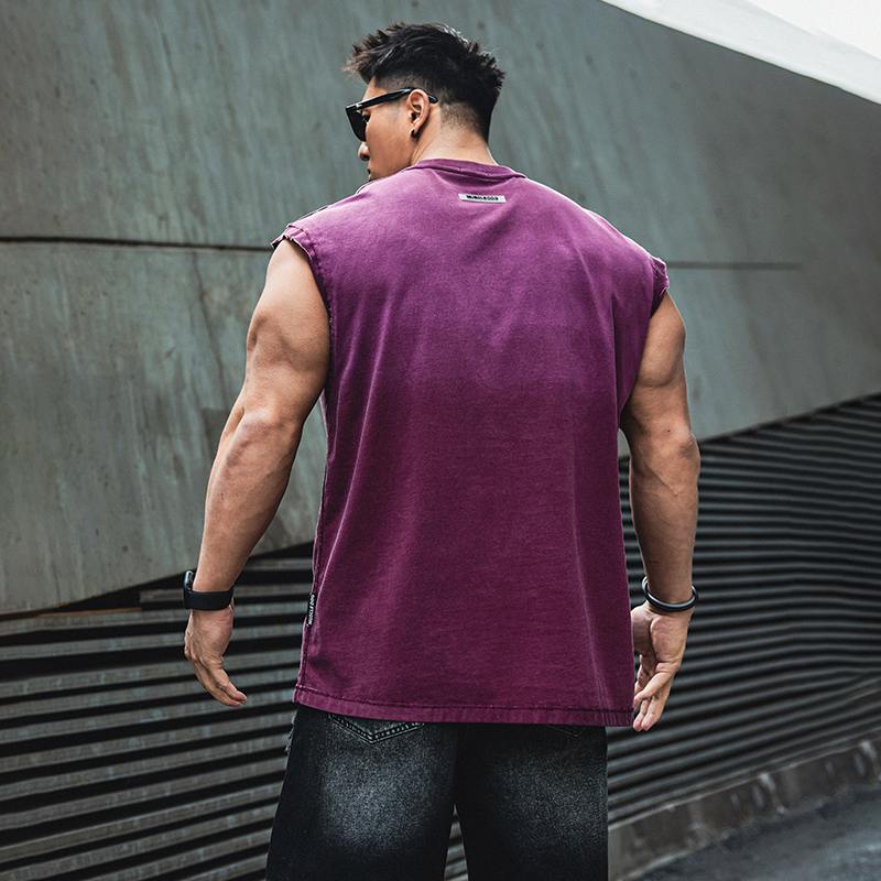 肌肉狗 运动健身背心男宽肩美式渐变夏季洗水复古宽松休闲训练服 - 图0