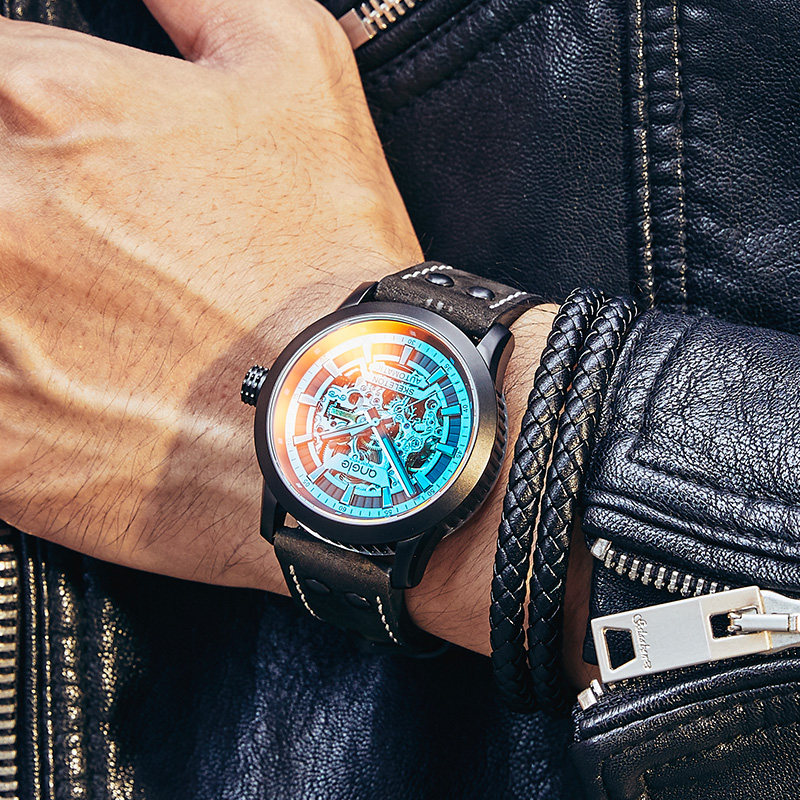 angie男士男学生潮流防水黑机械表 angie亨积手表国产腕表