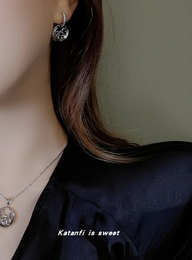 钛钢镀金纯银女圆形锆石耳环项链