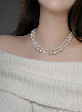 施家珍珠双层法式复古项链磁吸