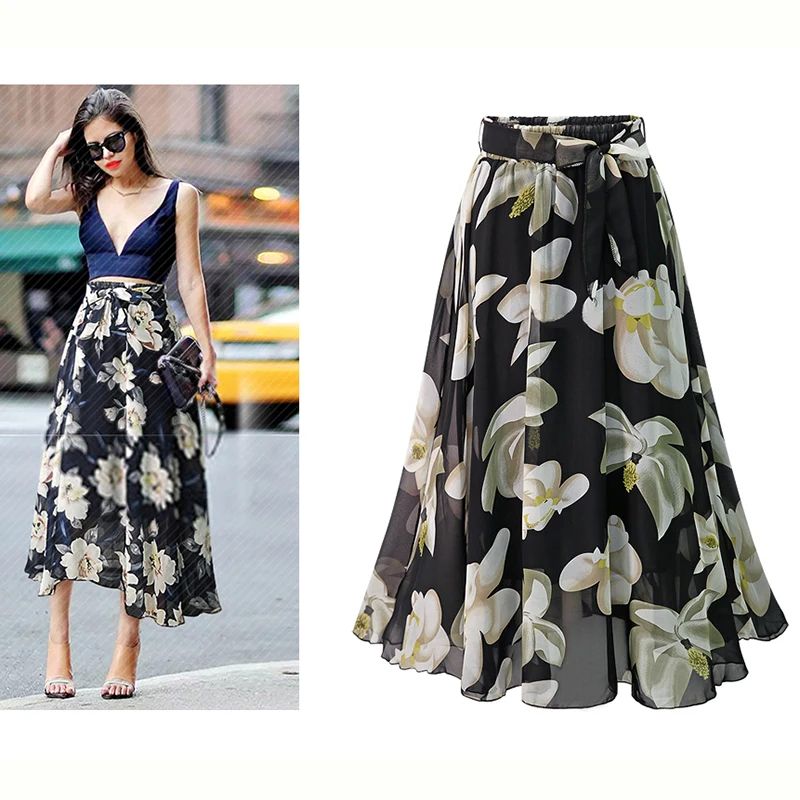 Plus Size Print Floral Skirt Women  Summer Loose Elastic Hig - 图2