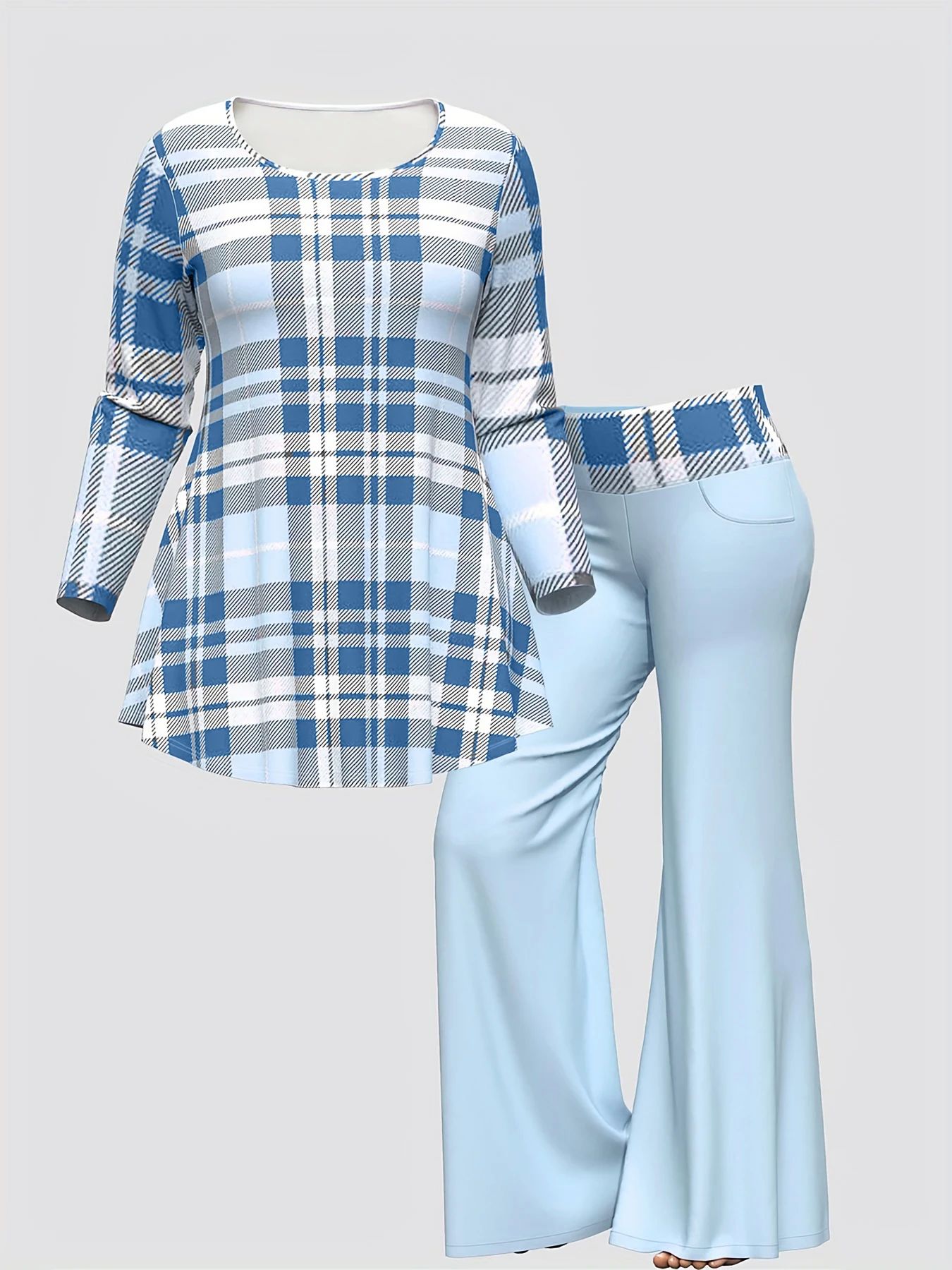 Women Plaid Matching Set Flare Pant and Round Neck T Shirt T - 图1