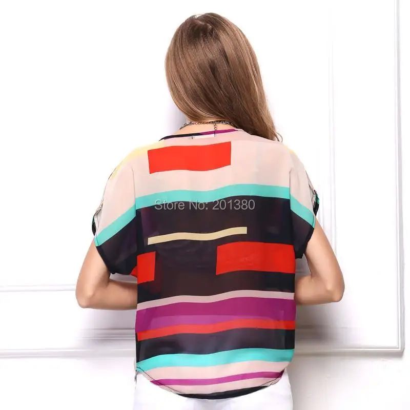 Colorful Stripe Women Chiffon Blouses Batwing Sleeve Tops Pl - 图2