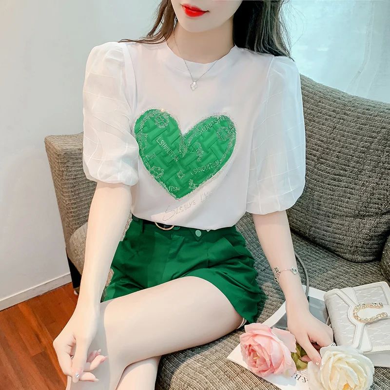 Fashion Women  Cotton Top Tees 2023 New Summer Diamond Lette - 图0