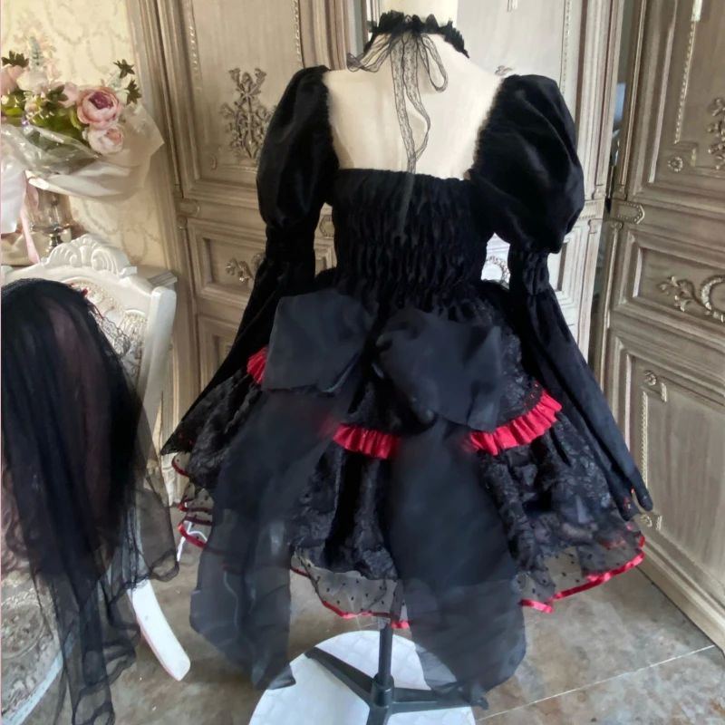 Dark Gothic Lolita Style Dresses Victorian Women Lace Halter-图3