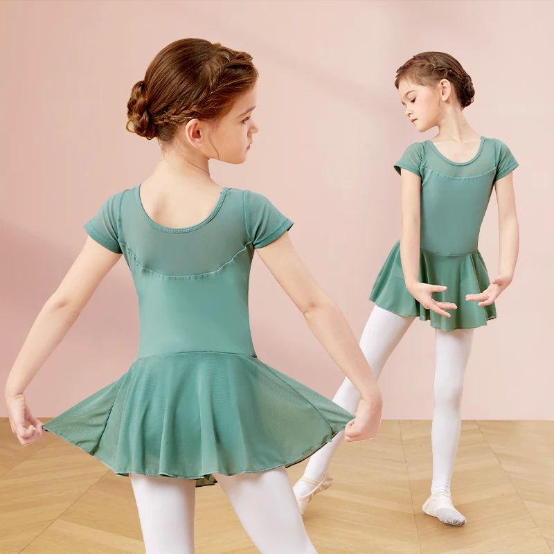 Girls Dance Leotards Ballet Dress Kids Mesh Splice Gymnastic - 图0