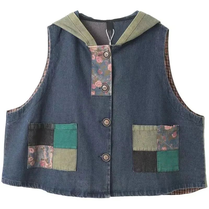 5XL Denim Vest Women's Hooded Sleeveless Jacket Spring Summe-图1