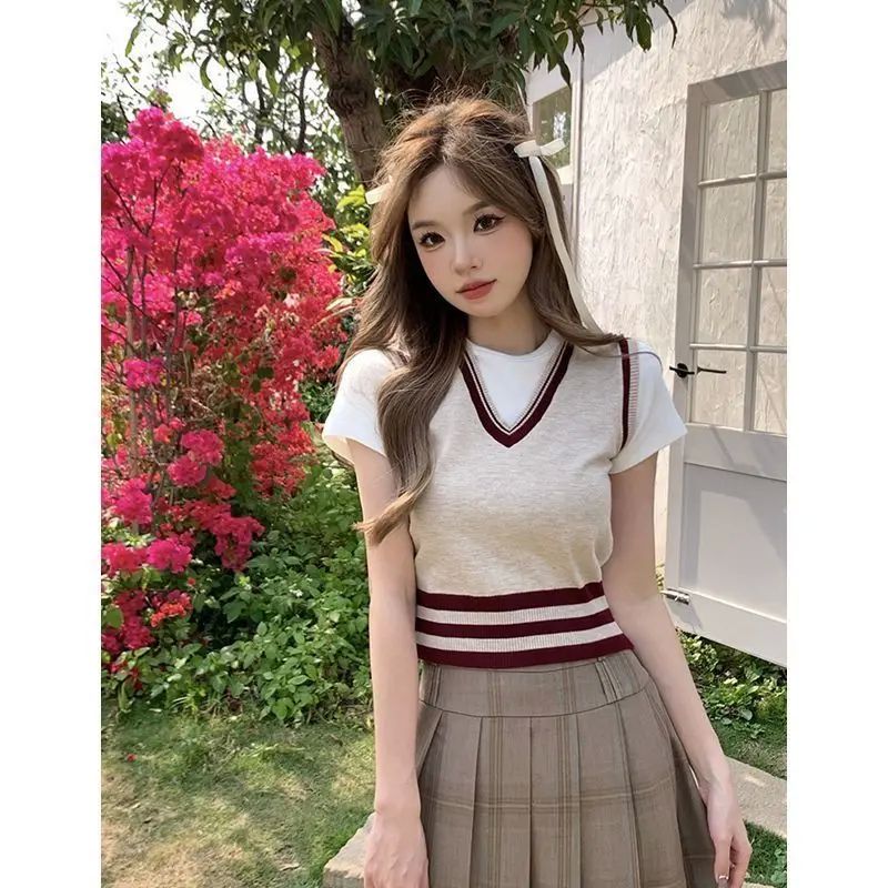 Three-piece Suit Female Preppy Style V-neck Short Style Knit - 图3