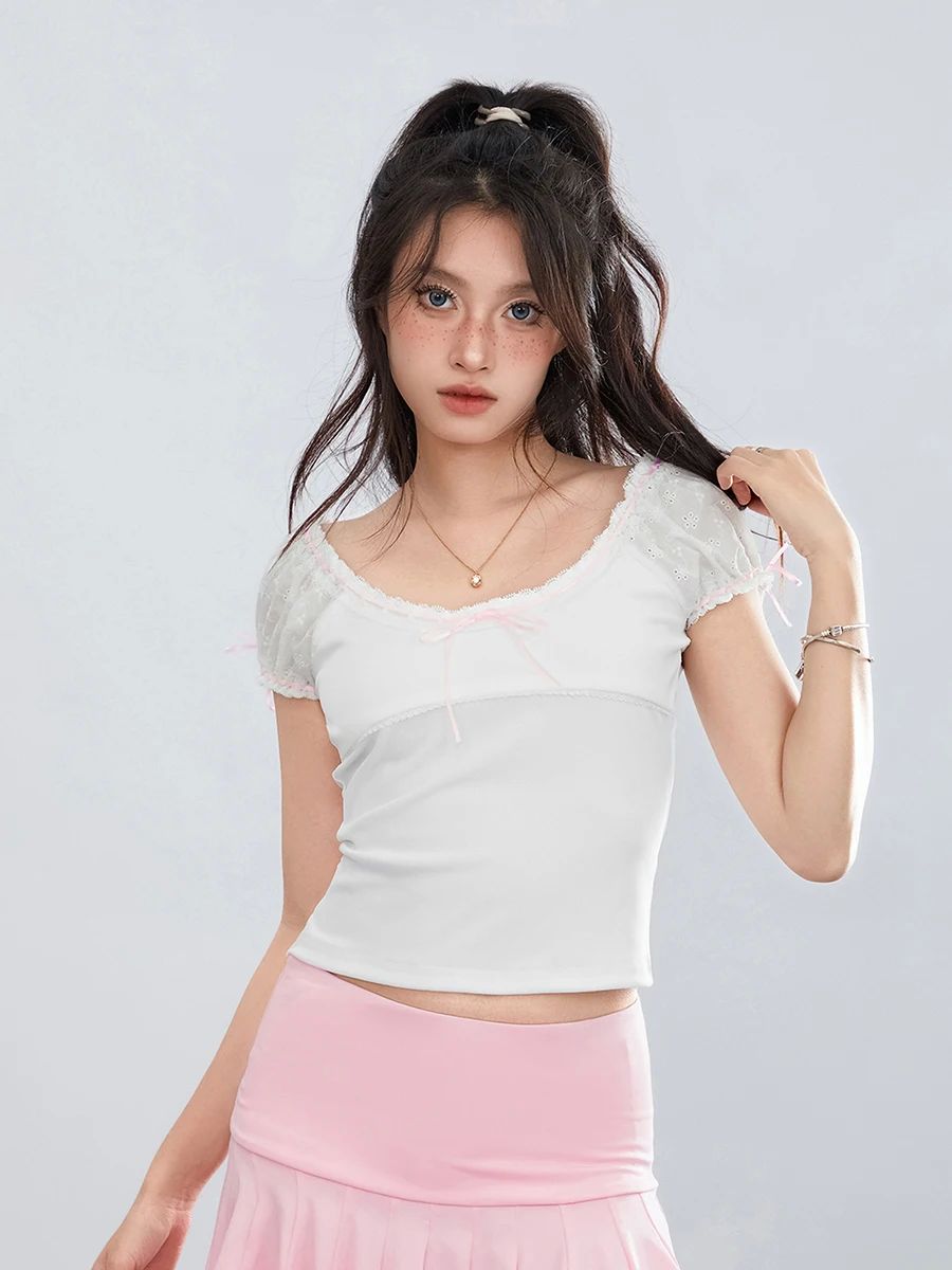 Women s Solid Color T-Shirts Cap Sleeve Scoop Neck Lace Trim-图3