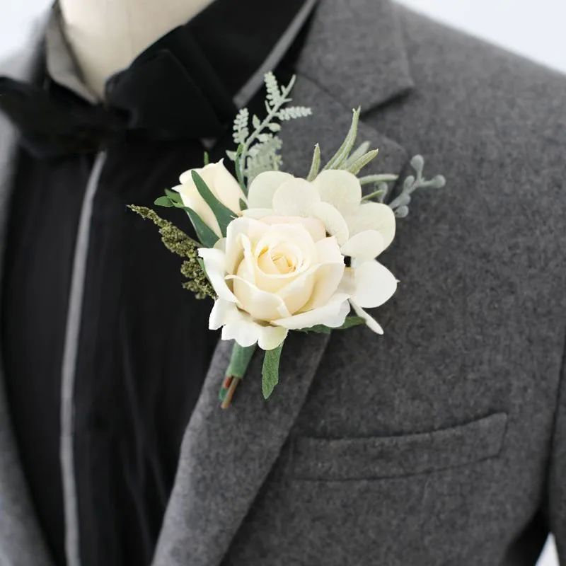 White Boutonniere Wedding Corsage Flowers Artificial Red Ros - 图2