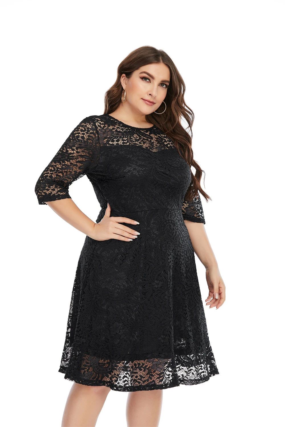 Plus Size Contrast Lace Semi Sheer 3/4 Sleeve Midi Dress, Wo - 图1