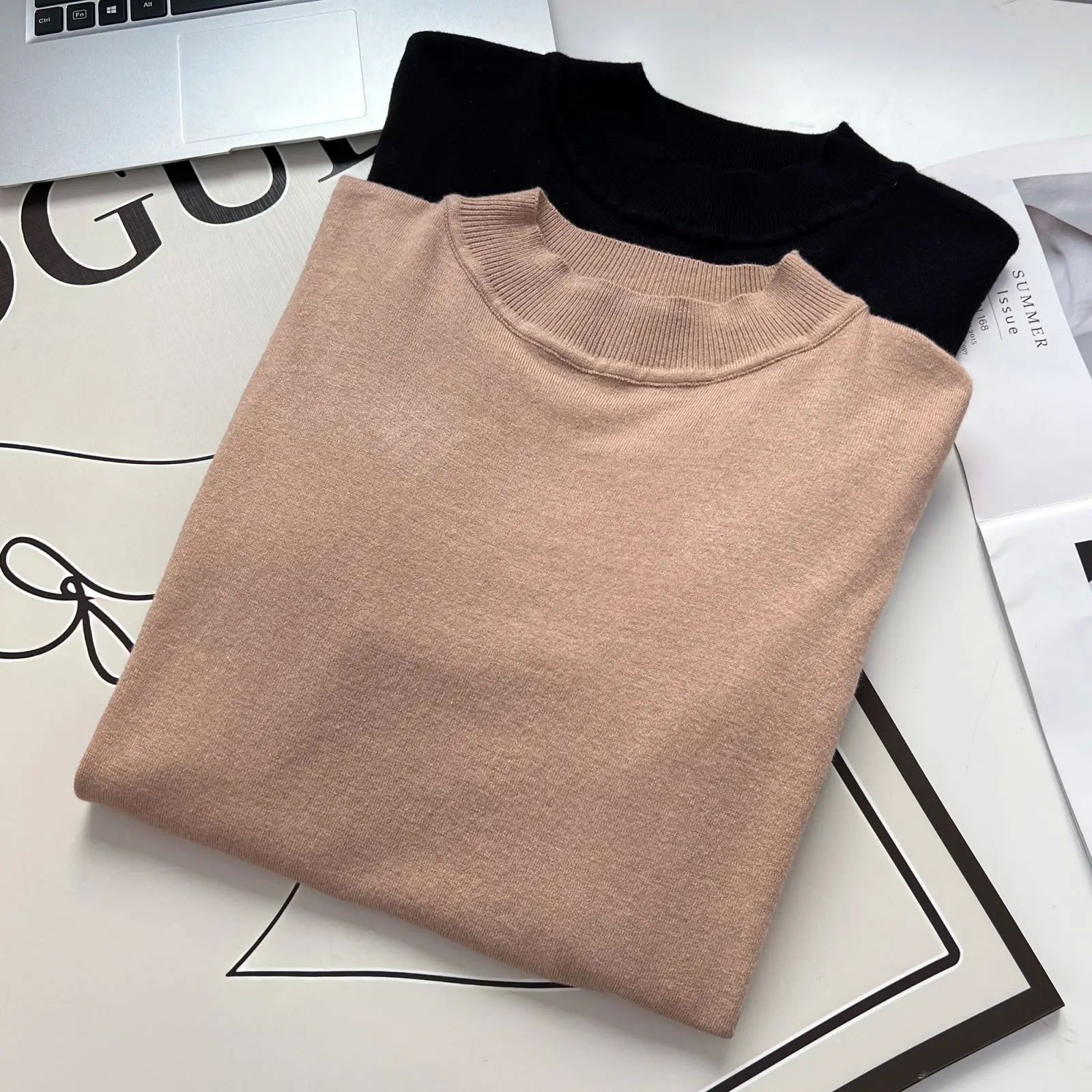 Fall Winter 100kg Simple Temperament Beaded Mock Neck Knitte - 图2