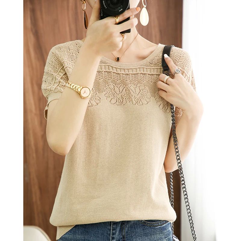 T-shirt Women's summer new 100% cotton round neck pullover s - 图1