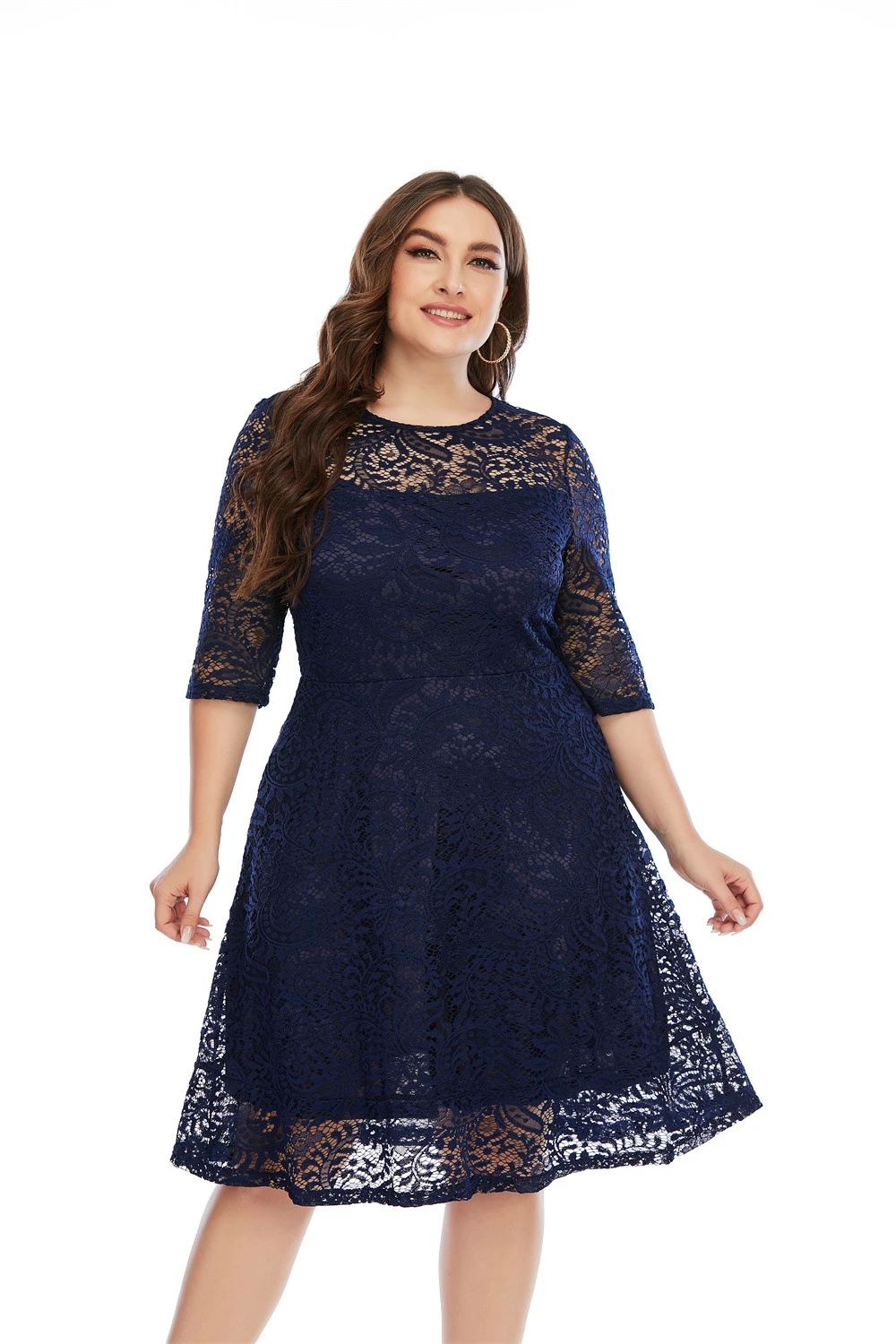 Plus Size Contrast Lace Semi Sheer 3/4 Sleeve Midi Dress, Wo - 图3