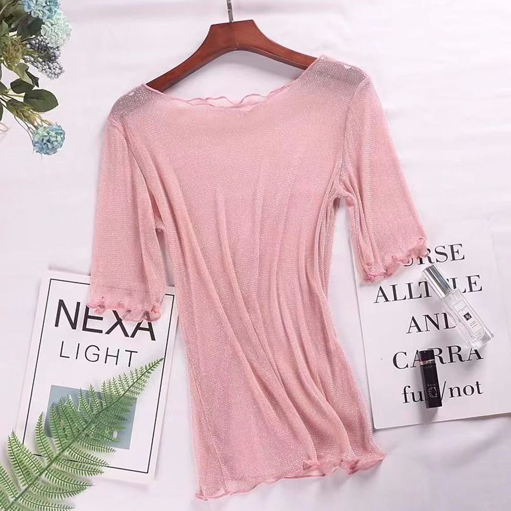 Spring Summer Short Sleeve T Shirt Women Silver Shiny Transp - 图2