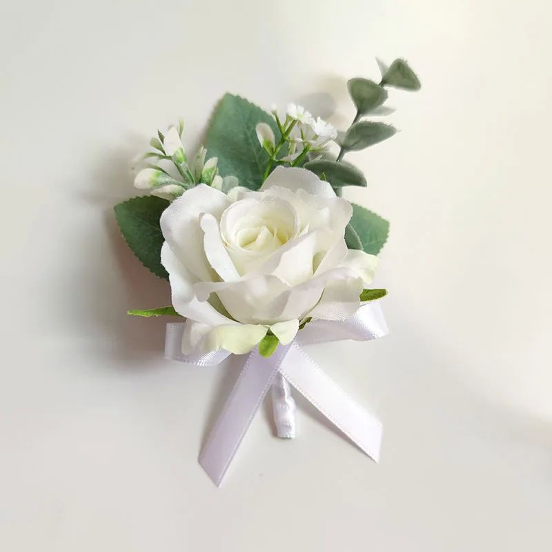 White Boutonniere Wedding Corsage Flowers Artificial Red Ros - 图0