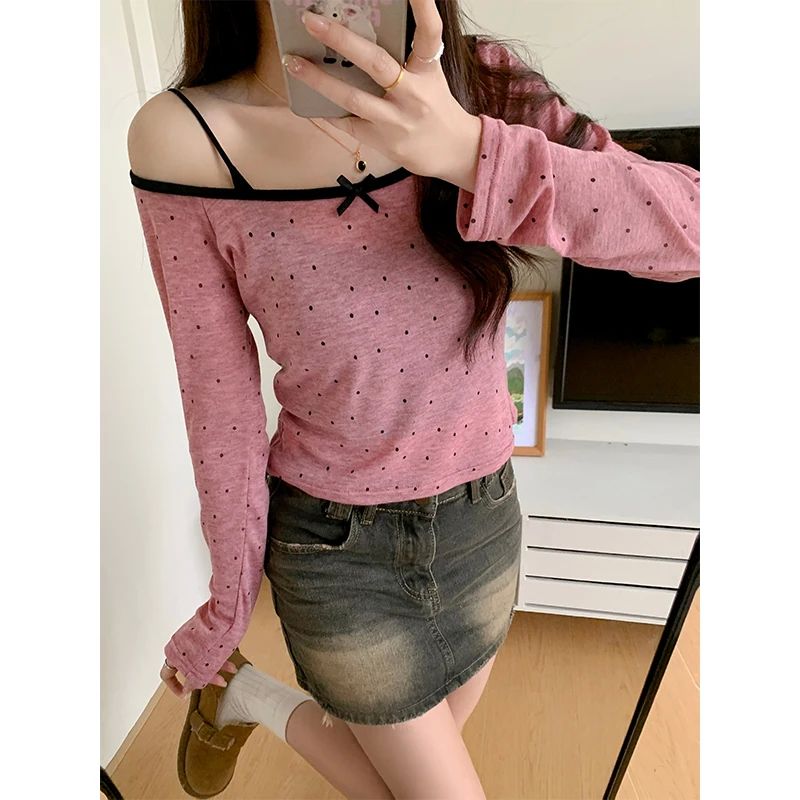 Spring Summer Chic Polka Dot T-Shirt Korean Casual Tees Fash - 图2