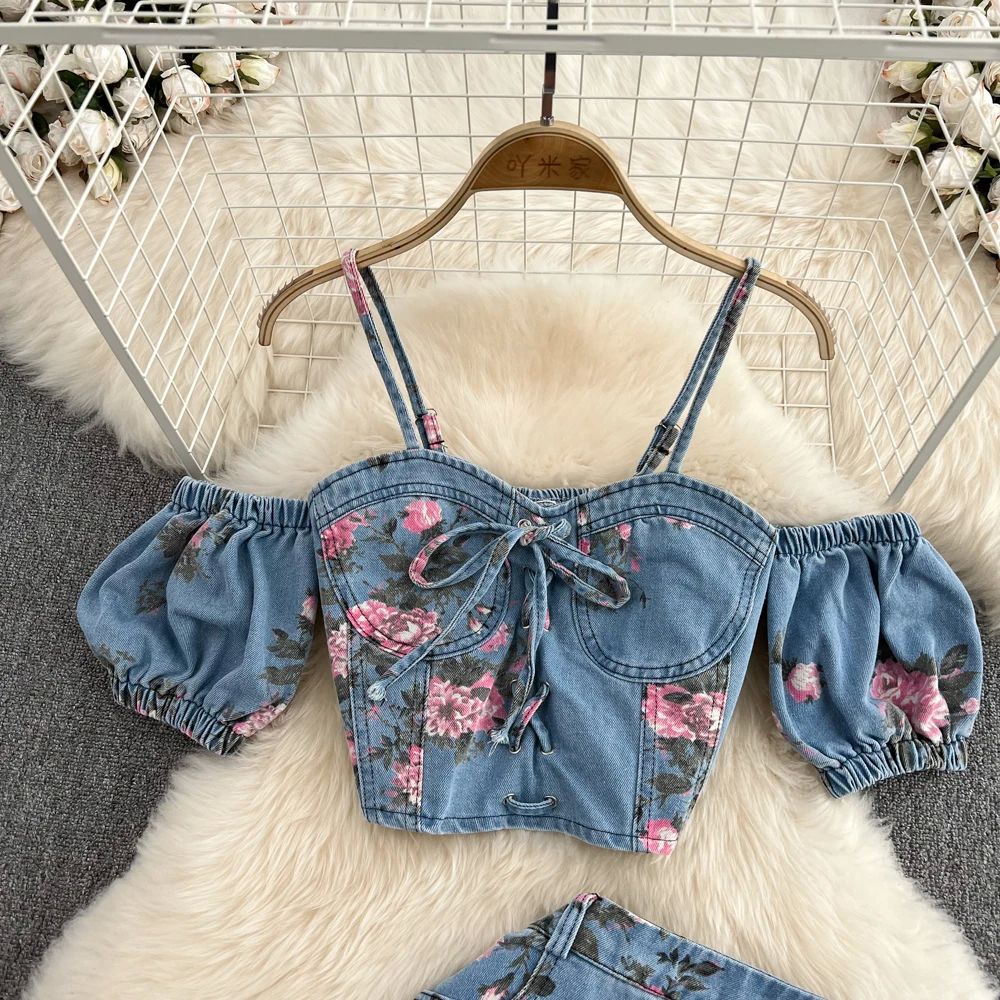 2023 Summer Denim Skirt Suit Female Hot Girls Off Shoulder S-图0