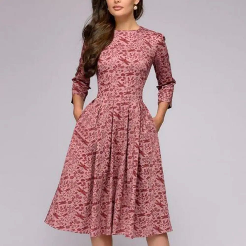 Women Elegant A-line Midi Dress Vintage Printing Party Vesti - 图2