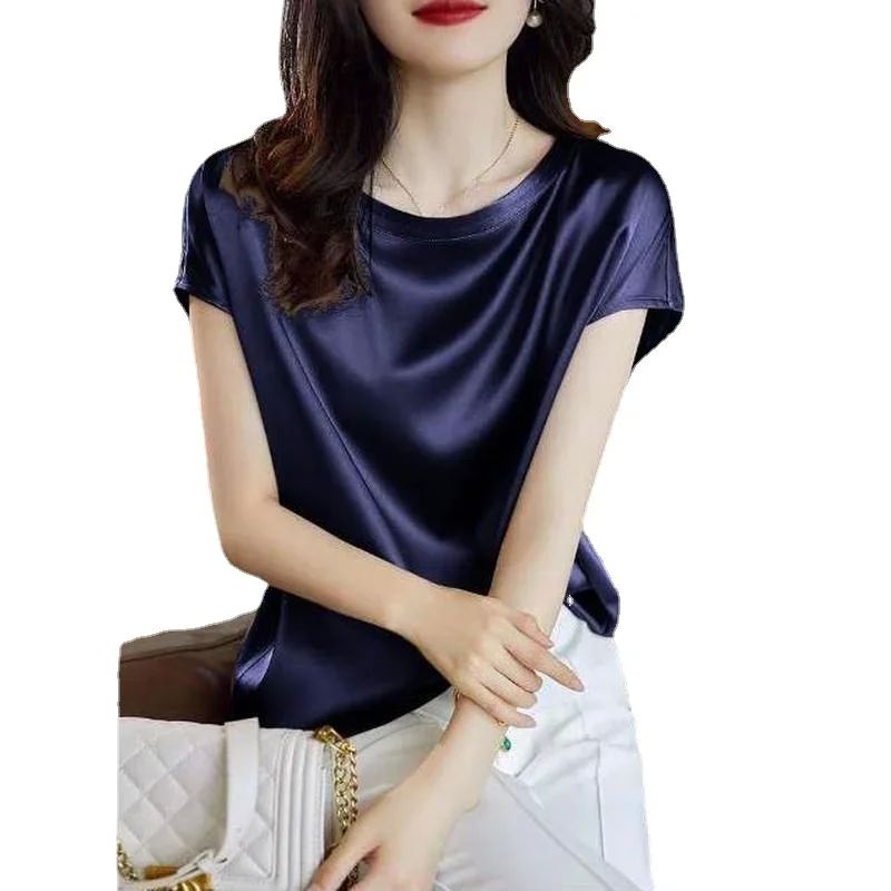 S-4XL Solid Silk Thin Short Sleeve Tees Slip Woman Summer Cl - 图0