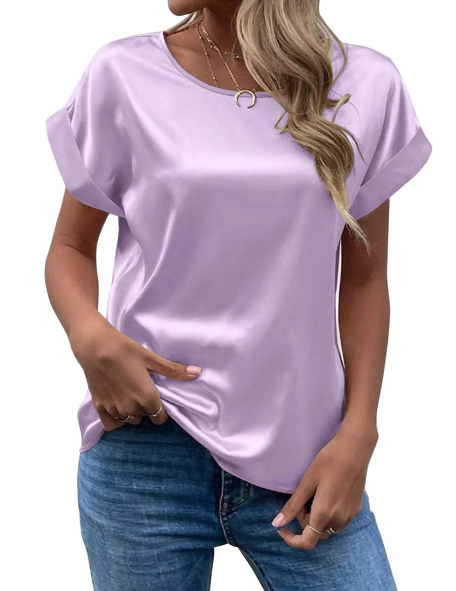 Elegant Women's Blouse Solid Tees 2023 Summer Lady Short Sle-图1