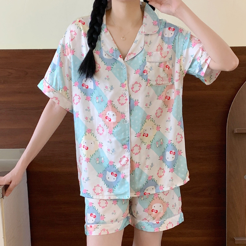 网红风新款HelloKitty睡衣女夏季短袖卡通可爱套装家居服 - 图2