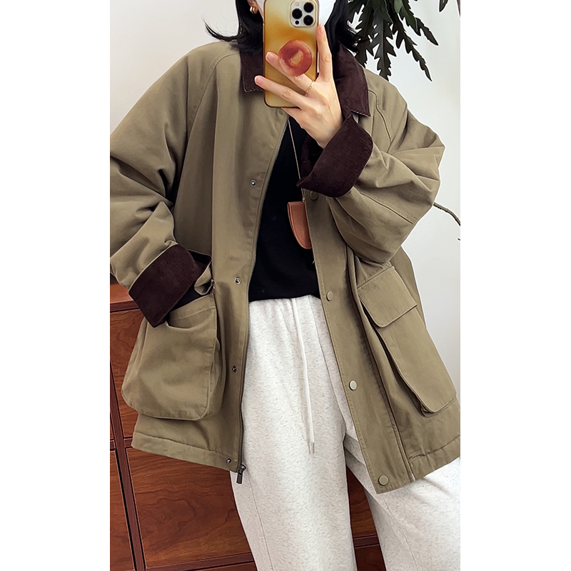 巴恩风撞色灯芯绒翻领棉服女宽松工装风加厚外套韩版保暖棉衣冬款 - 图0