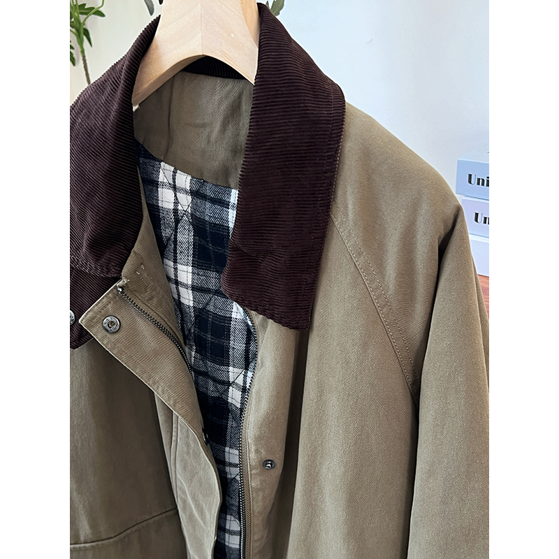 巴恩风撞色灯芯绒翻领棉服女宽松工装风加厚外套韩版保暖棉衣冬款 - 图1