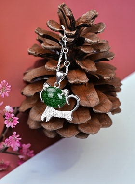 精品青瓷釉滴小猫吊坠925银项链