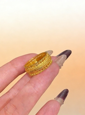 金包银古法腰缠万贯戒指男女款黄金色指环镂空钱币暴富食指戒子