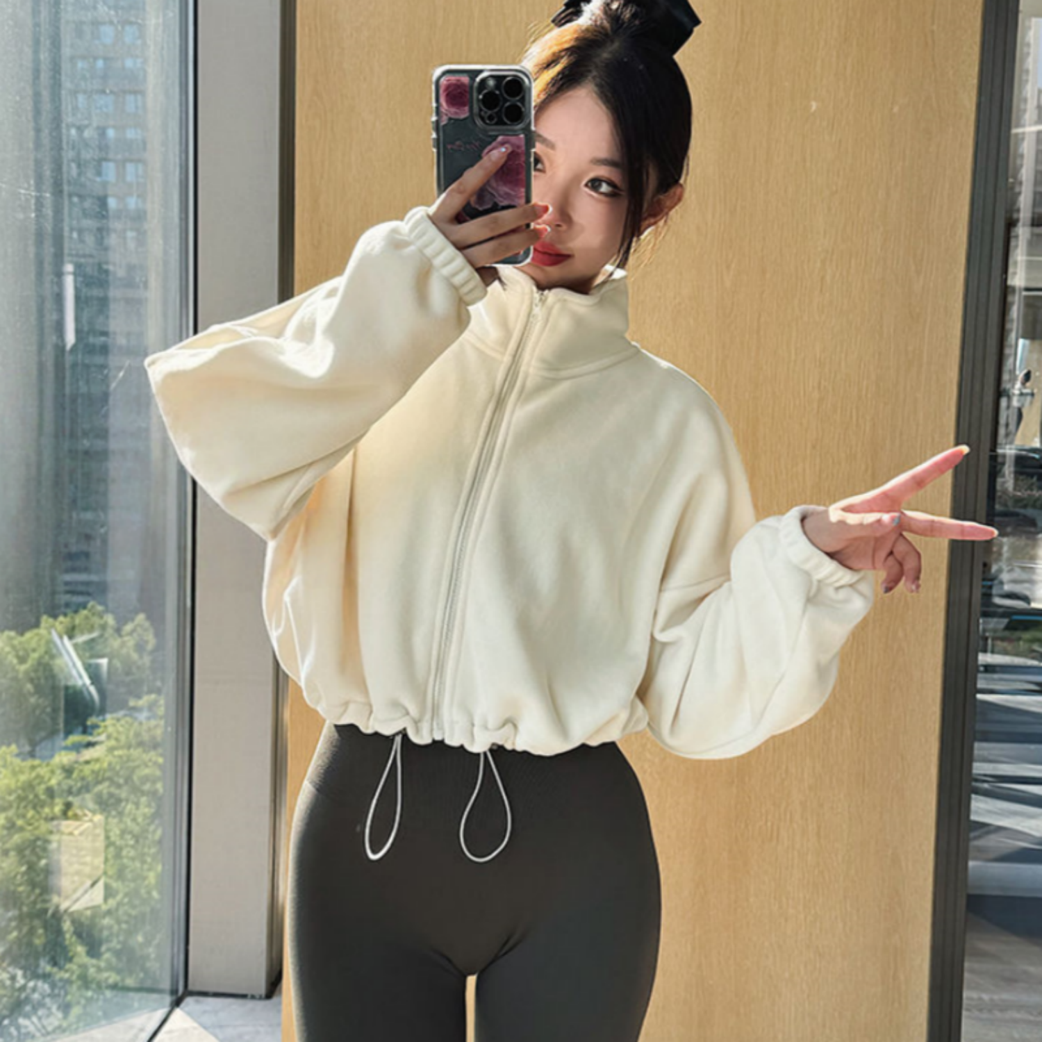 秋冬抽绳收腰摇粒绒运动卫衣外套女立领长袖宽松保暖加厚跑步健身,淘宝优惠券,粉丝福利购,淘宝优惠卷