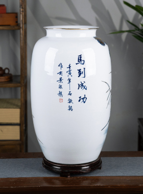 手绘马到成功大号花瓶景德镇陶瓷客厅博古架插花摆件字画筒收纳缸