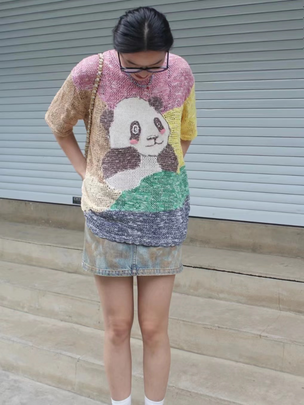 亲妈～2024夏季新款奶奶毛衫复古熊猫针织短袖 - 图2