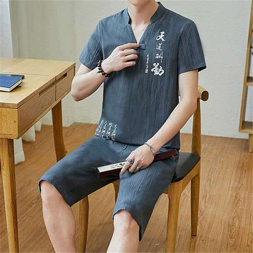 Нарукавники, летний комплект, футболка для отдыха, летняя одежда, короткий рукав, китайский стиль, из хлопка и льна, свободный крой