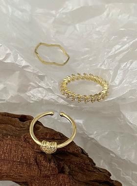 锆石爱心戒指三件套女时尚个性冷淡风小众感可调节食指环几何元素