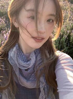 藤井树同款古早褶皱波点蓝波蕾丝蓝色围巾木耳边长款百搭丝巾围脖