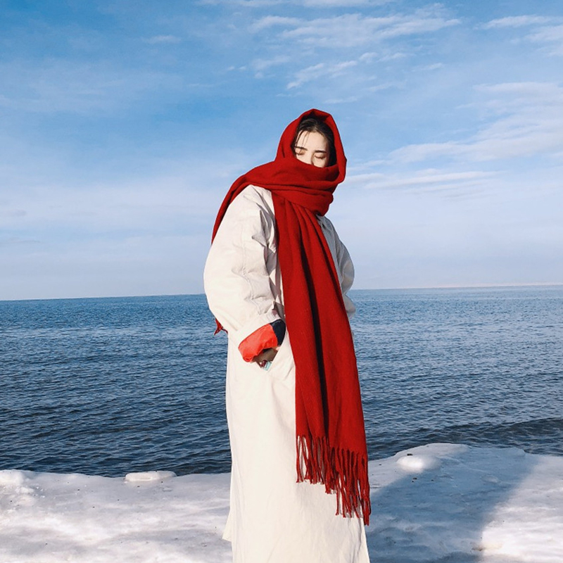 纯色红围巾女春秋夏季西藏青海湖旅游民族风超大披风西北保暖披肩-图2