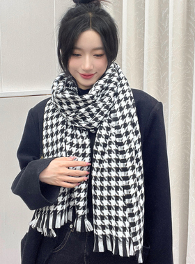 黑色千鸟格围巾女2026新款冬季百搭韩版保暖格子可爱少女披肩围脖