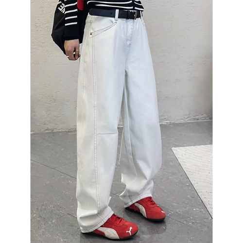 弯刀阔腿牛仔裤女春季新款大码高腰梨形身材宽松显瘦镰刀直筒长裤 - 图0