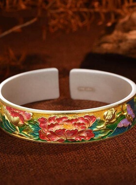 足银9999春韵芳精致珐琅古风描金牡丹开口手镯可调节民族风