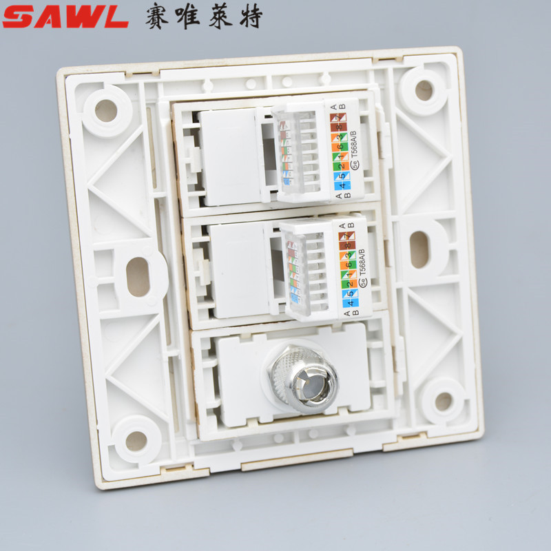 香槟色86型双电脑加闭路电视二位网线有线TV插座网络光纤暗装面板 - 图1