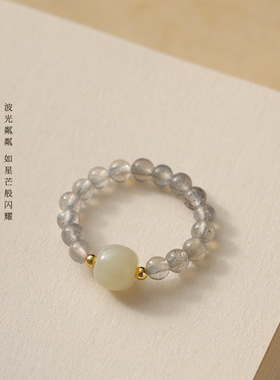 普陀山文创集月光石水晶戒指福禄貔貅情绪稳定灰月光梦幻和田玉