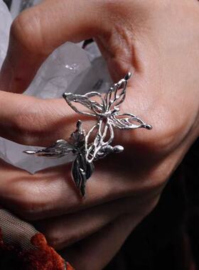 法式时髦双生蝴蝶戒指开口食指戒