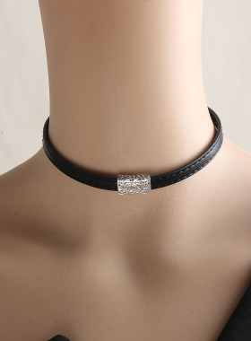 黑色皮绳项链女银色字母项圈颈带