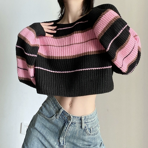 Ретро розовый трикотажный короткий свитер, оверсайз, свободный крой, круглый воротник