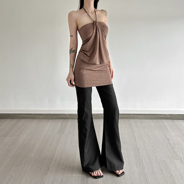 KLIOU Fashion Retro Brown Diamond Decorated Halter Dress Women's Design Slimming Covering Buttocks Short Skirt