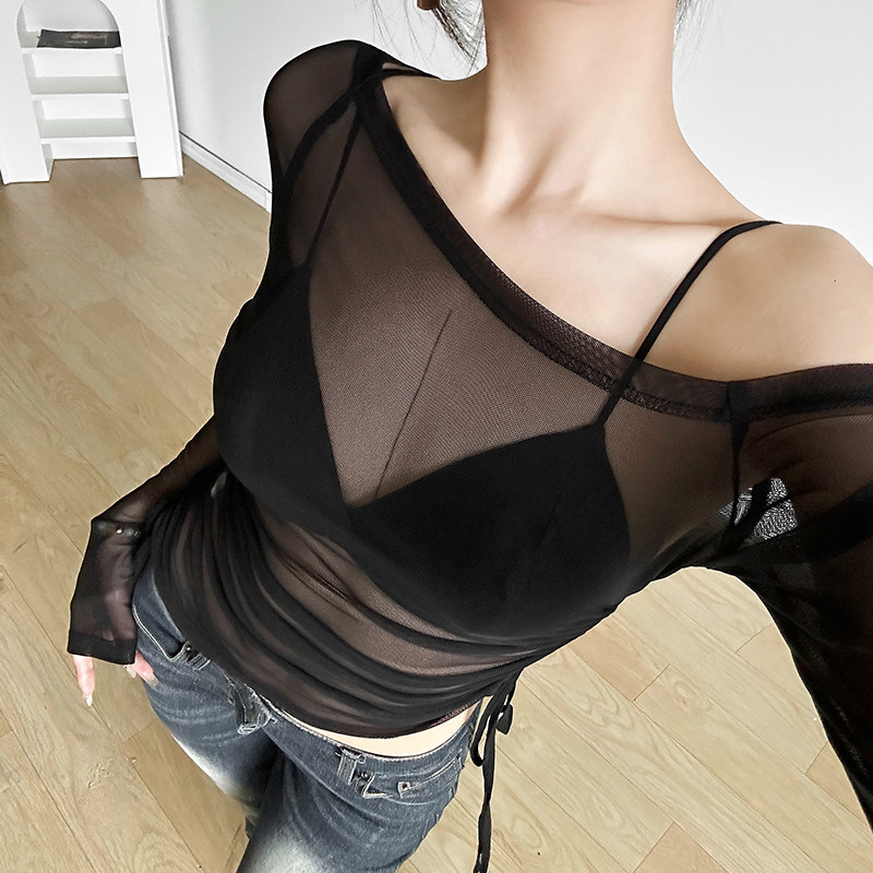 KLIOU 钓系姐姐风性感透视网纱斜领长袖T恤女抽绳显瘦百搭上衣 潮